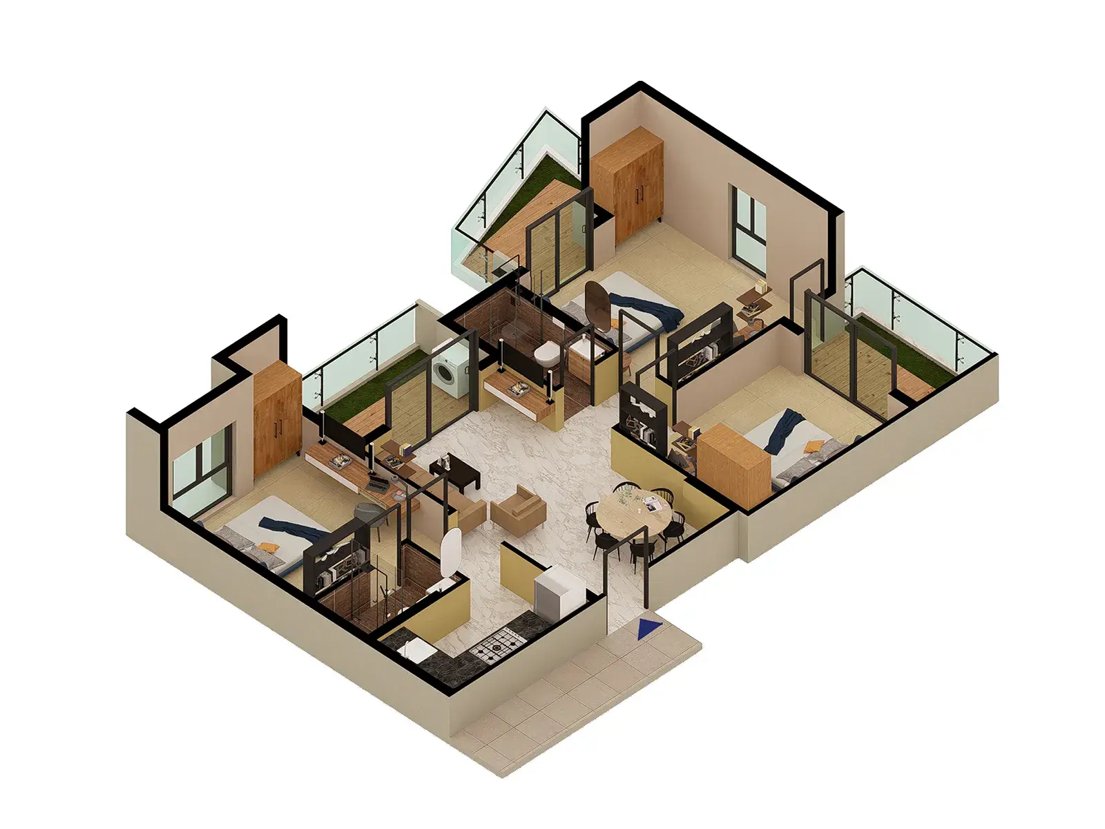 3D isometric view of flat A, 3 BHK + 2 toilets