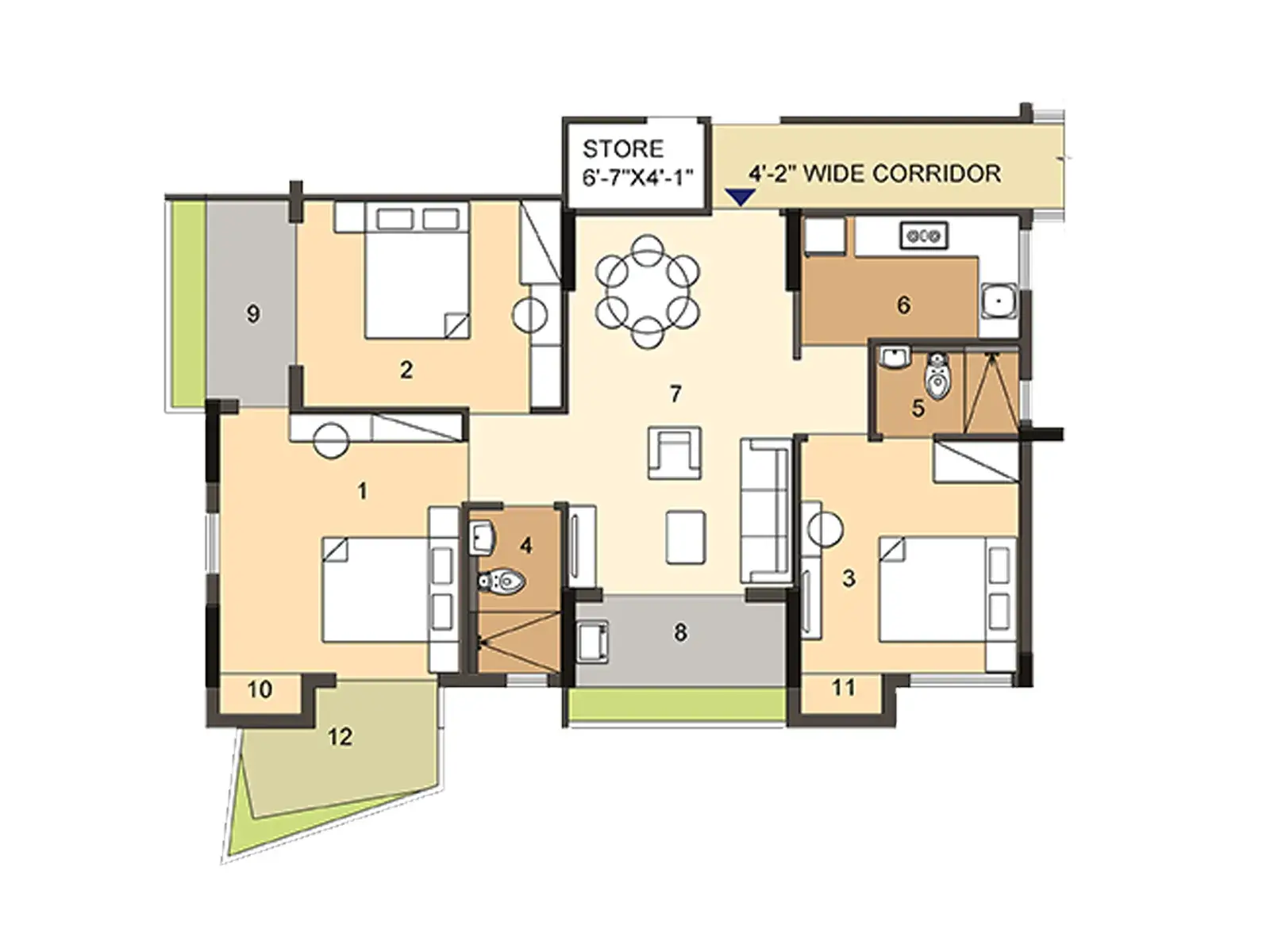 2D floor plan of flat A, 3 BHK + 2 toilets